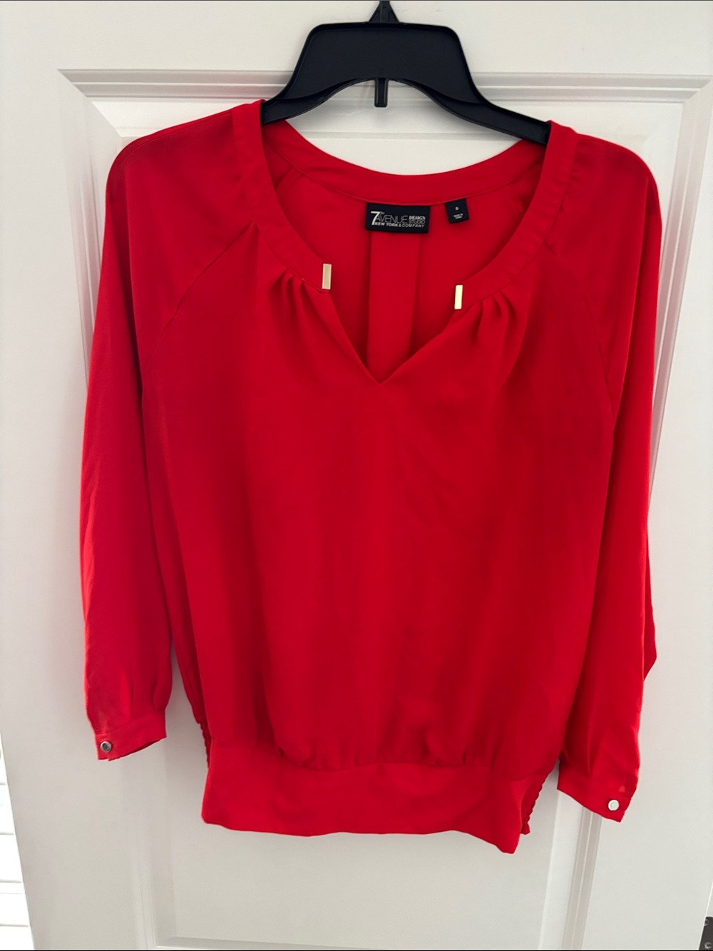 New York & Company Red V-Neck Blouse with Gold Tone Accents